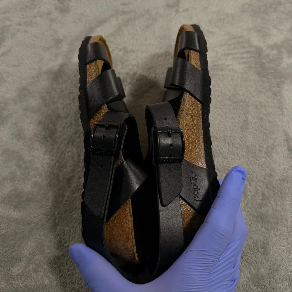 Papillio Birkenstock Wedge Sandals Womens 38 7 Black Strappy Lana Cork Heel